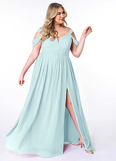 Azazie Lianne Bridesmaid Dresses Sea Glass A-Line Off the Shoulder Chiffon Dress image11