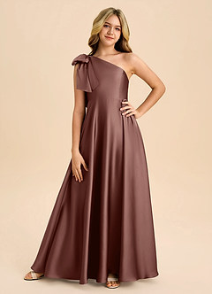 Azazie Penguin Junior Espresso A-Line Bow Stretch Satin Dress image3