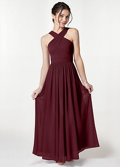 Azazie Jiya Junior Cabernet A-Line Pleated Mesh Dress image1