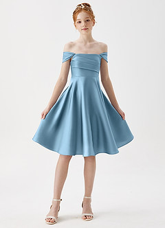Azazie Amira Junior Steel Blue A-Line Pleated Stretch Satin Dress image5