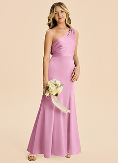 Azazie Ren Junior Candy Pink A-Line Pleated Stretch Satin Dress image3
