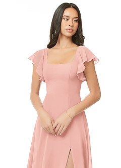 Azazie Bondi Brautjungfernkleider A-Linie Gestreift Chiffon Kleid Rosettenrosa image4