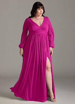 Azazie Norah Bridesmaid Dresses Fuchsia A-Line V-Neck Long Sleeve Chiffon Dress image9