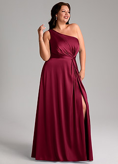 Azazie Brooke Bridesmaid Dresses Burgundy A-Line One Shoulder Stretch Satin Dress image11