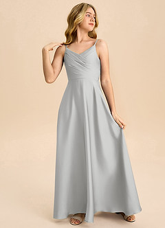 Azazie Bug Junior Jurk van Stretch Satijn met A-Lijn Geplooid Zilver image4