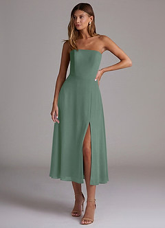 Azazie Wren 신부 들러리 드레스 A라인 스트랩리스 쉬폰 티 길이 드레스 image1