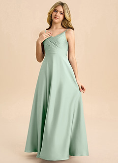 Azazie Bug Junior A-Line Plisseret Stræk satin Gulv-længde Junior brudepige Kjole image3