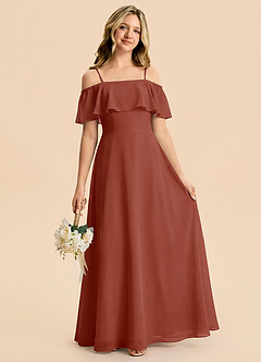 Azazie Maggie Junior Auburn A-Line Off the Shoulder Chiffon Dress image1