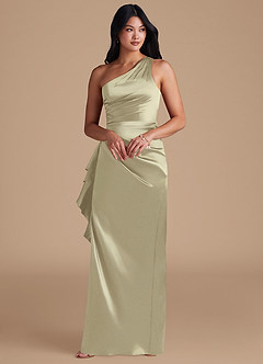 Azazie Latrice Vestidos de damas de honor Vestido de Musgo Verde de Satén Metálico de Corte Recto con Hombro unilateral image6