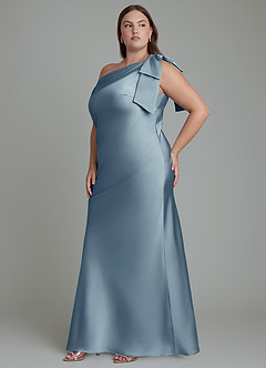 Azazie Yuanna Jurken voor bruidsmeisjes Jurk van Stretch Satijn met Zeemeermin One-shoulder Stoffig Blauw image12