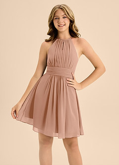 Azazie Bonnie Junior A-Linie Plissee Chiffon Kleid Champagner Rosa image5