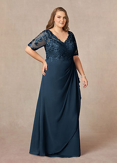 Azazie Amedeus vestidos de madre de la novia Vestido Azul Marino Oscuro de Gasa de Corte en A con Encaje cuello pico image9