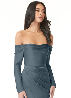 Azazie Hallie Bridesmaid Dresses Twilight Mermaid Off-The-Shoulder Long Sleeve Stretch Satin Convertible Dress image1
