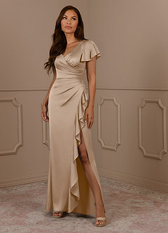 Azazie Roya Mother of the Bride Dresses Taupe Mermaid V-Neck Pleated Stretch Satin Dress image1
