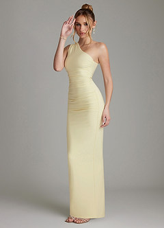 Azazie Shanice Bridesmaid Dresses Lemon Sorbet Sheath One Shoulder Premium Stretch Jersey Dress image3