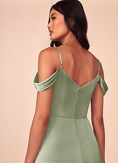 Azazie Ocean At-home Try On Dresses Rosette A-Line V-Neck Pleated Stretch Satin Dress image5