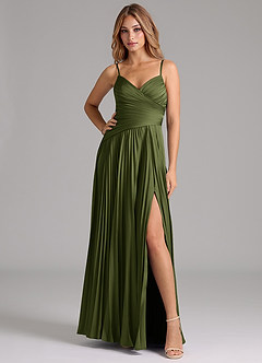 Azazie Vini Bridesmaid Dresses Olive A-Line Pleated Stretch Satin Dress image3
