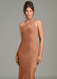 Azazie Jalissa Jurken voor bruidsmeisjes Jurk van Stretch Satijn met Zeemeermin One-shoulder Bronzeertint image2