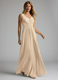 Azazie Gina Bridesmaid Dresses Champagne A-Line V-Neck Pleated Chiffon Dress image3