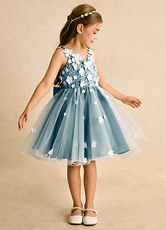 Azazie Junebug vestidos de niña de las flores Vestido de Marfil Azul Tinta de Tul de Princesa con Encaje image4