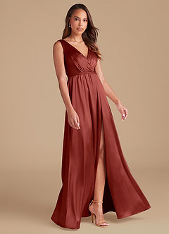 Azazie Tanicia Bridesmaid Dresses Terracotta A-Line Pleated Metallic Satin Dress image4