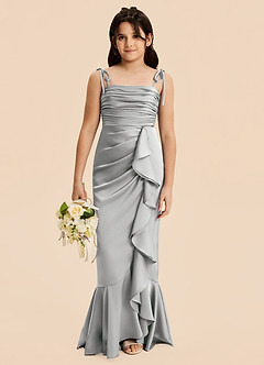 Azazie Ryan Junior Vestido de Plata de Satén Elástico de Corte Recto con Lazo image1