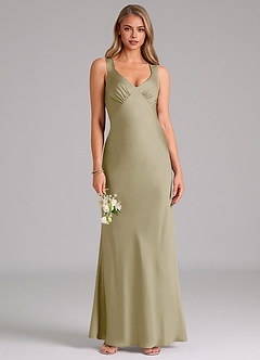 Azazie Kamila Bridesmaid Dresses Moss Green A-Line Pleated Stretch Satin Dress image1