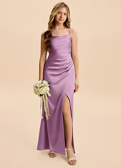 Azazie Minnie Junior Wisteria Sheath Ruched Stretch Satin Dress image1