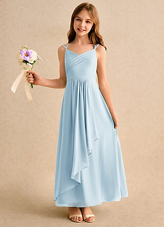 Azazie Zaida Junior Formal Robe Demoiselle D'honneur Fillette Robe Trapèze en Mousseline de soie Plissée Bleu Ciel image1