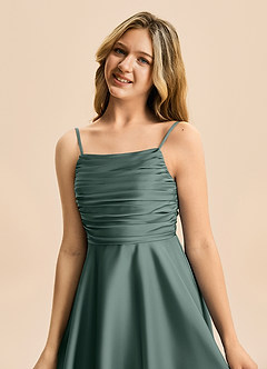 Azazie Miko Junior Sea Moss A-Line Pleated Stretch Satin Dress image8