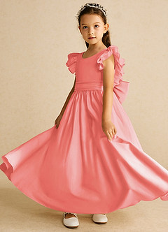 Azazie Piglette Flower Girl Dresses Coral A-Line Bow Matte Satin Dress image2