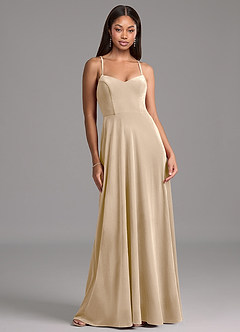 Azazie Mei Robes de demoiselle d'honneur Robe Trapèze en velours Corset Champagne image6