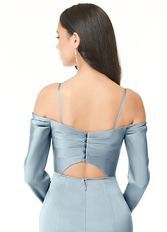 Azazie Hallie Bridesmaid Dresses Dusty Blue Sheath Off-The-Shoulder Long Sleeve Stretch Satin Convertible Dress image8