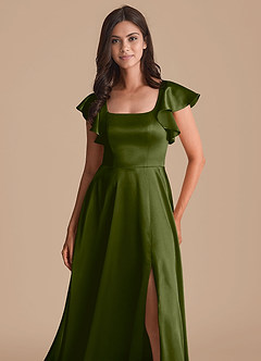 Azazie Bondi Vestidos de damas de honor Vestido de Oliva de Satén Metálico de Corte en A con Lazo image6