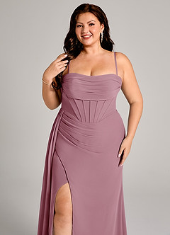 Azazie Amyra Bridesmaid Dresses Vintage Mauve Sheath Off the Shoulder Chiffon Convertible Dress image11