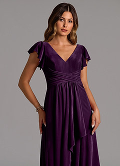 Azazie Omari Bridesmaid Dresses Grape A-Line Pleated Velvet Dress image2