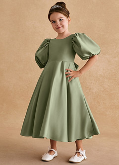 Azazie Sugarplum Blumenmädchenkleider A-Linie mit ärmel Matte Satin Kleid Pistazie image4