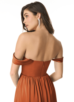 Azazie Morana Bridesmaid Dresses Cinnamon A-Line Off the Shoulder Stretch Satin Convertible Dress image7