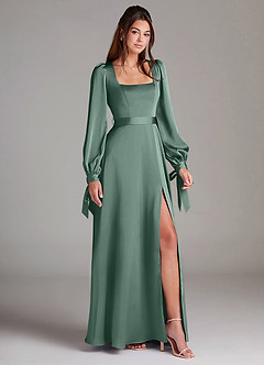 Azazie Leonia Bridesmaid Dresses Eucalyptus A-Line Long Sleeve Stretch Satin Dress image3