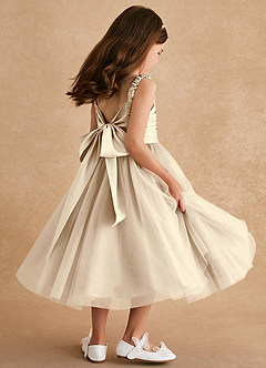 Azazie Gabbie Flower Girl Dresses Champagne A-Line Pleated Matte Satin Dress image4