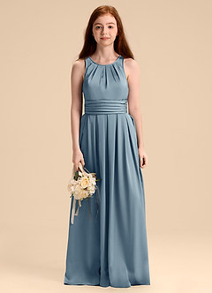 Azazie Bibiane Junior Dusty Blue A-Line Pleated Stretch Satin Dress image6