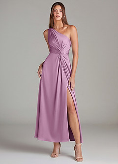 Azazie Brooke Robes de demoiselle d'honneur Robe Trapèze en Satin extensible Une épaule Glycine image1