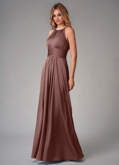 Azazie Bonnie Bridesmaid Dresses Espresso A-Line Pleated Stretch Satin Dress image3