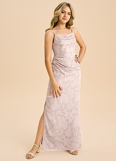 Azazie Mai Junior Blushing Pink Sheath Pleated Floral Burnout Dress image4