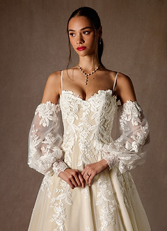 Azazie Madeleine Wedding Dresses Diamond White Champagne Ball-Gown Strapless Lace Dress image5