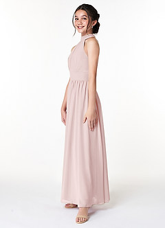 Azazie Iman Junior A라인 주름진 쉬폰 플로어 길이 주니어 신부 들러리 드레스 image4