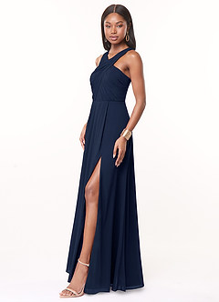 Azazie Brandie Bridesmaid Dresses Dark Navy A-Line Pleated Stretch Chiffon Dress image3
