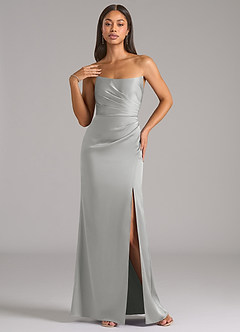 Azazie Marla Vestidos de damas de honor Vestido de Plata de Satén Elástico de Corte Recto Convertible con Sin tirantes image3