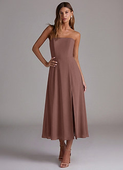 Azazie Wren 신부 들러리 드레스 A라인 스트랩리스 쉬폰 티 길이 드레스 image4