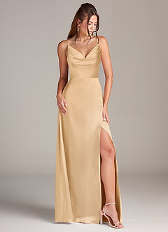 Azazie Sarella Bridesmaid Dresses Gold A-Line Pleated Stretch Satin Dress image3